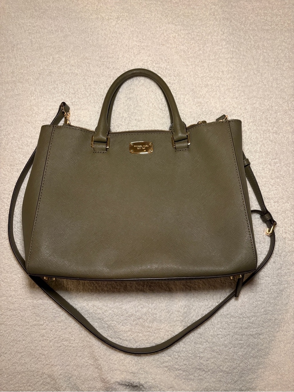 Michael Kors Olive Leather Satchel with Gold Accents